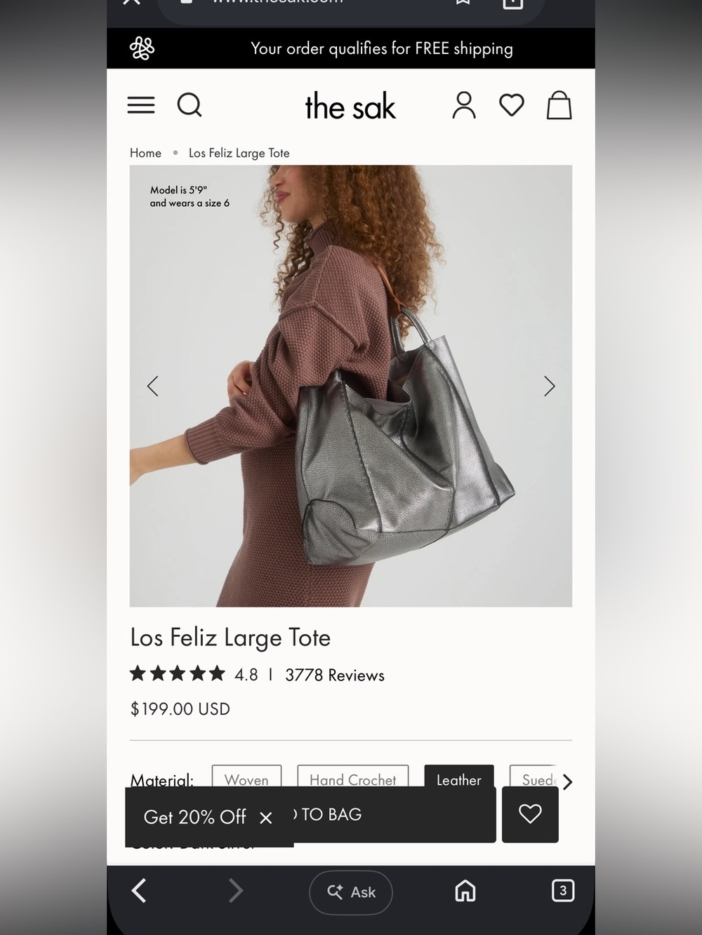 The Sak Los Feliz Large Tote Bag, Metallic Silver